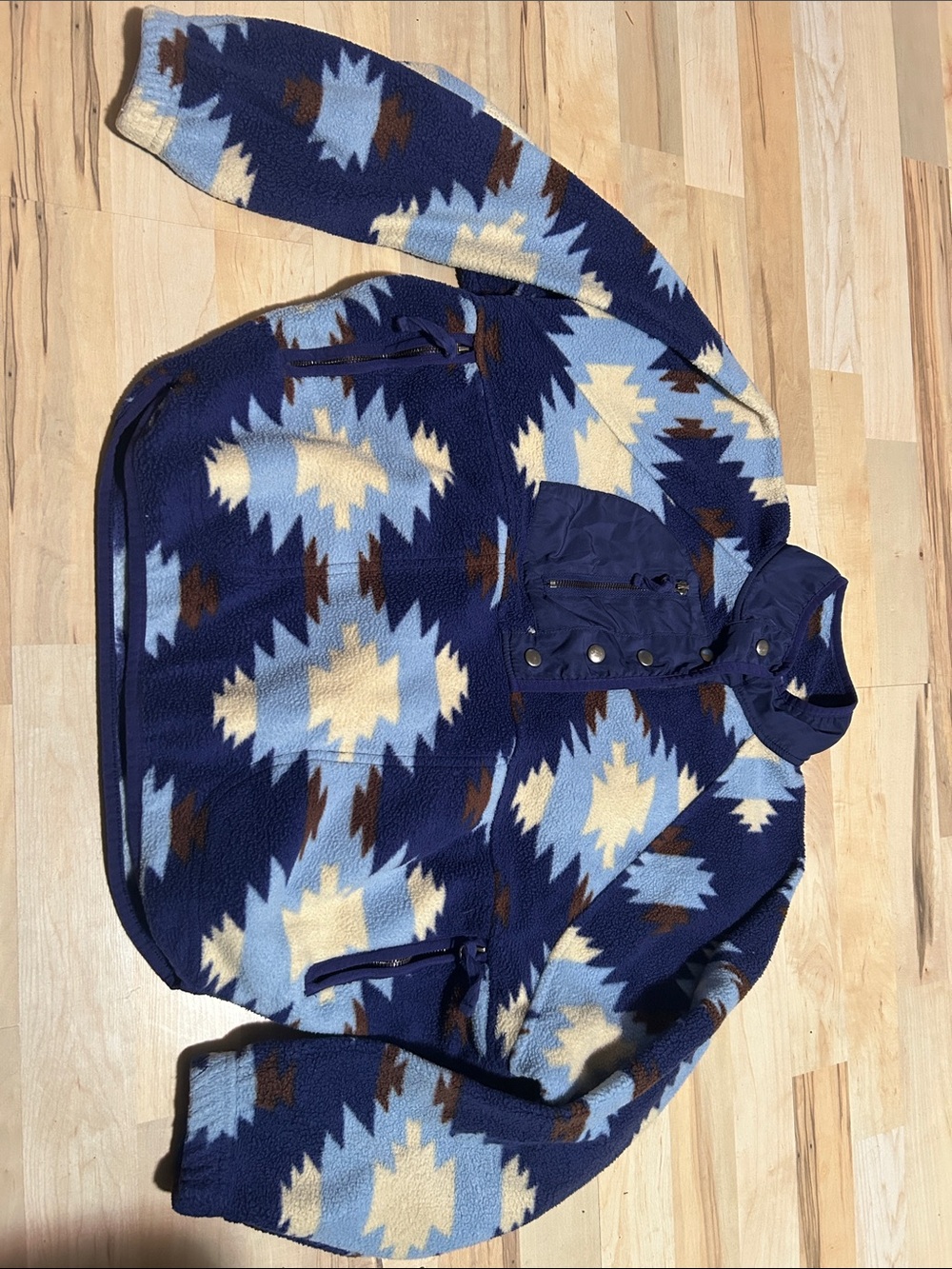 RSQ Navy Blue Aztec Fleece Pullover with Light Blue, Cream & Brown Pattern